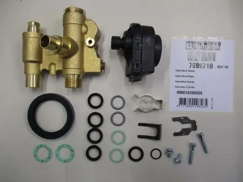 Hydroblock und Motor von Remeha, bestehend aus verschiedenen Bauteilen wie Dichtungen, Schrauben und einem elektronischen Motor, angeordnet auf einem hellen Untergrund.